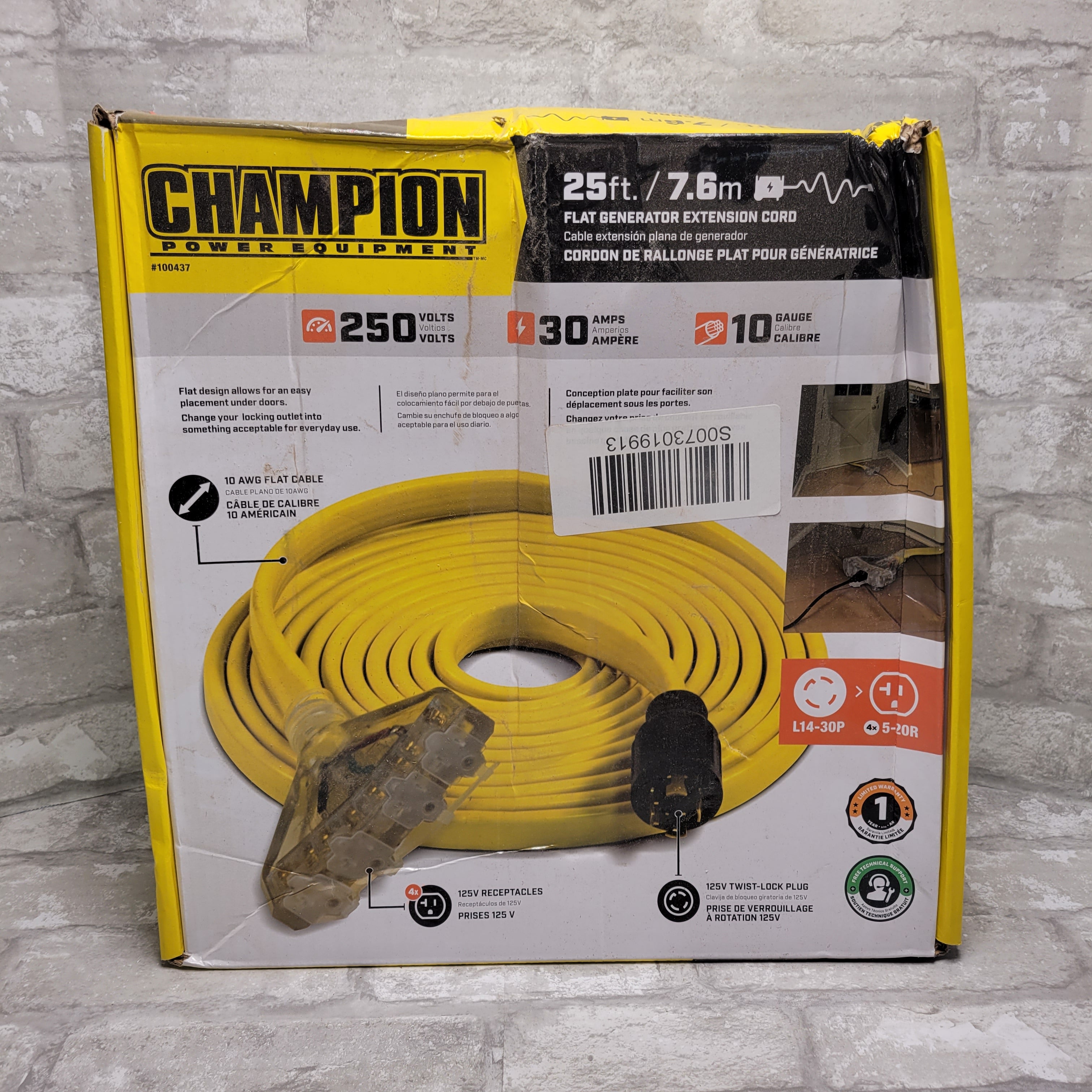 Champion 25 ft 30 Amp 125/250-Volt Fan-Style Flat Generator Extension Cord (7937432256750)